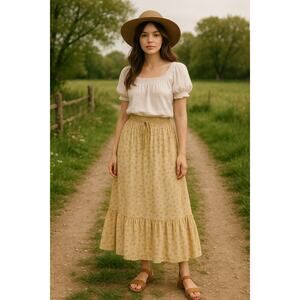 By the River Cottage Floral Boho Pastel Yelloe Midi Skirt Ruffle Women’s Small